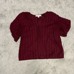 LOFT Maroon Tie-Front Short Sleeve Blouse